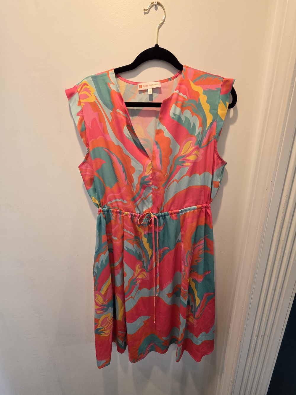 Jude Connally Pink, Teal & Yellow Abstract Tie-Waist Mini Dress